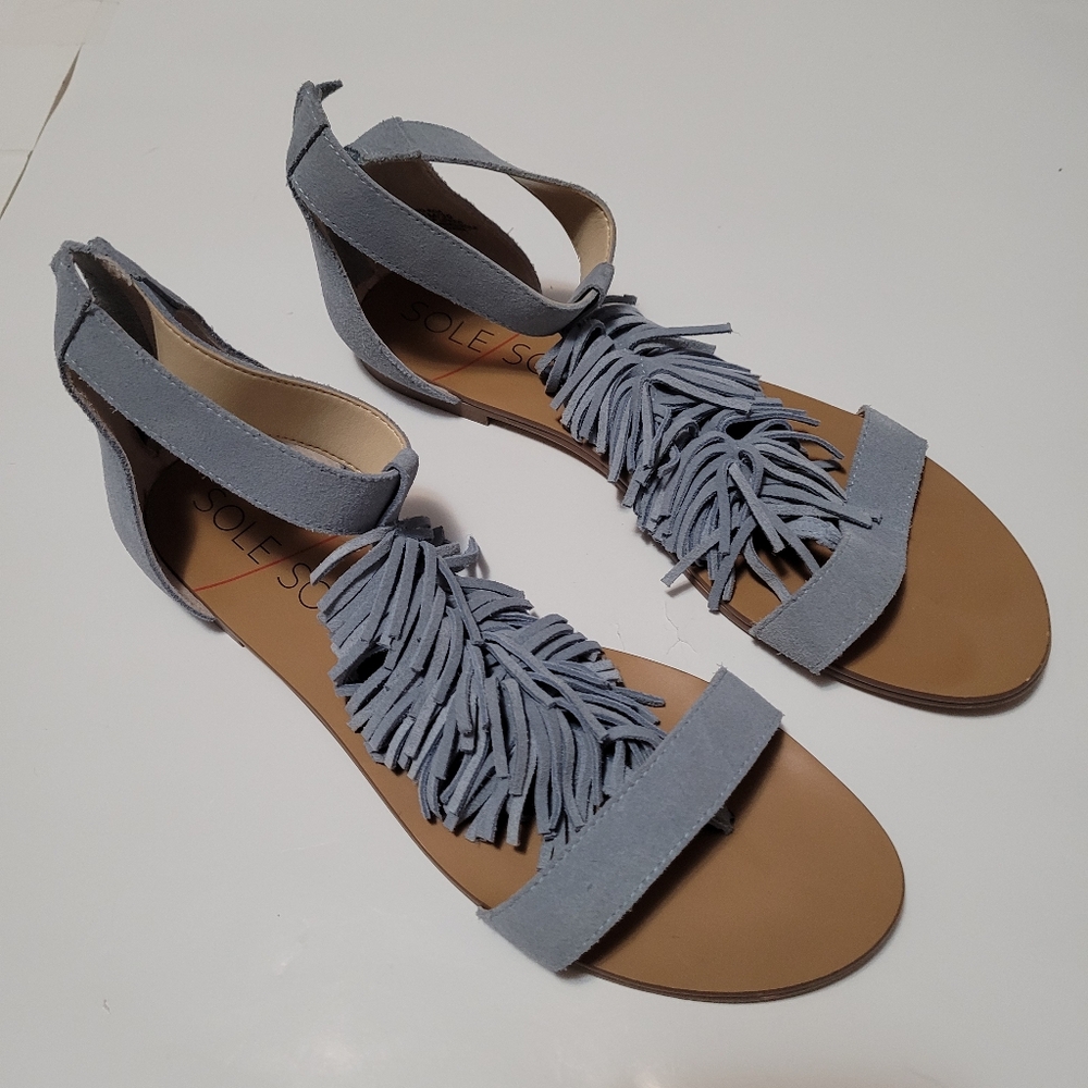 Blue fringe genuine suede leather sandals
